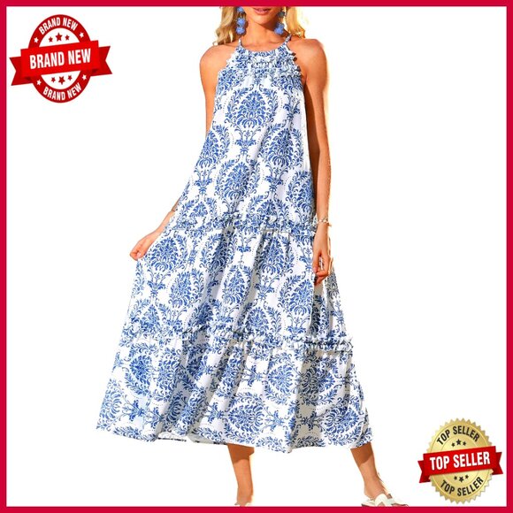 Dresses & Skirts - Boho Maxi Dress Flowy Halter Tiered Ruffle Summer Casual Beach Vacation